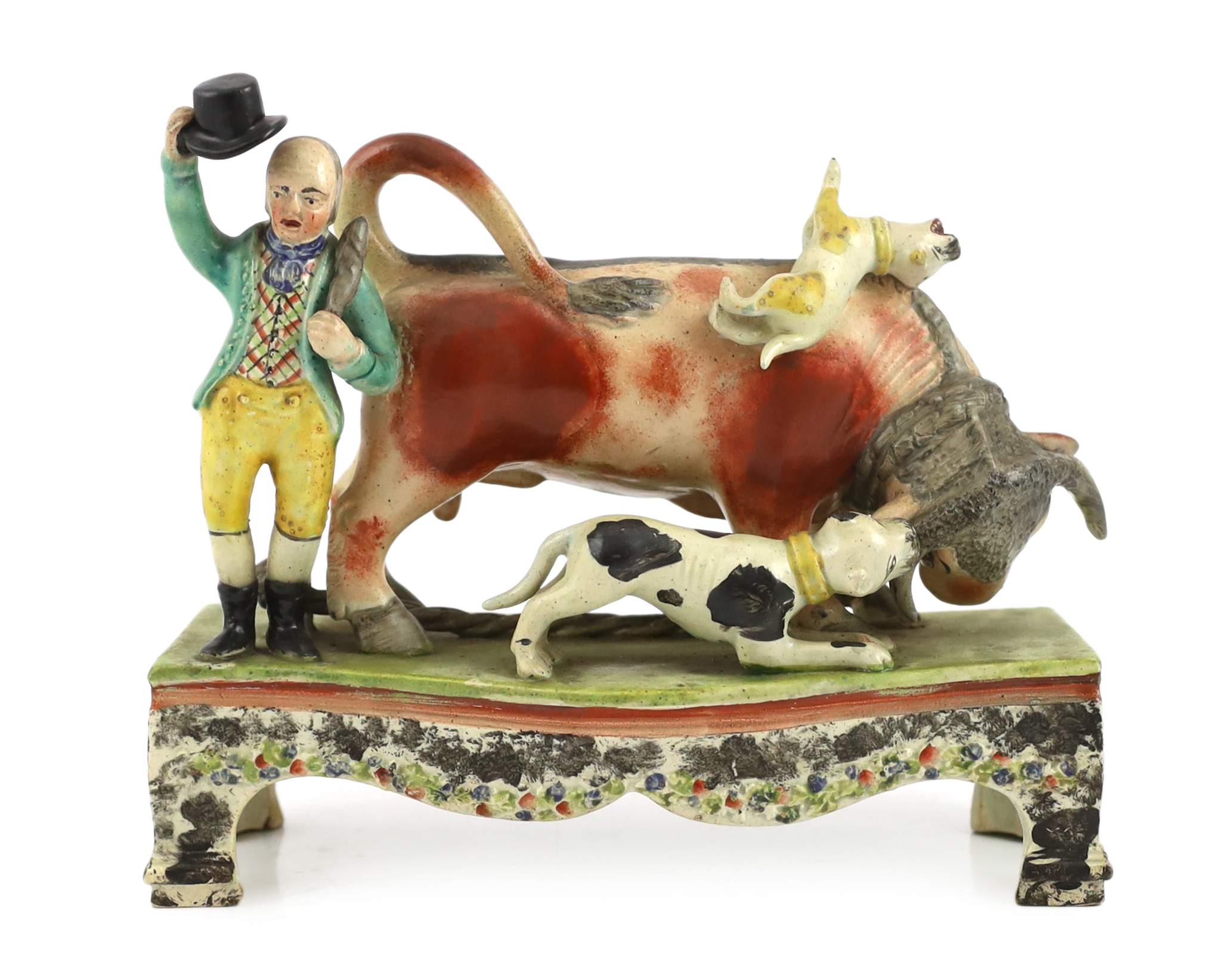 A Staffordshire pearlware bull baiting group, of Obadiah Sherratt type, c.1830, Some restoration